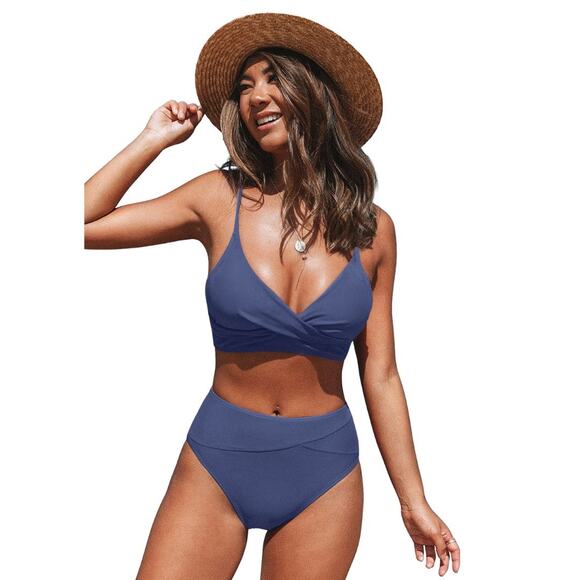 Cupshe Women's V Neck Twist Bra Spliced High Waist Bikini Set Blue Size M - Picture 1 of 9
